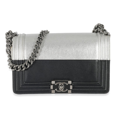 Chanel Black & Metallic Silver Leather Medium Boy Bag