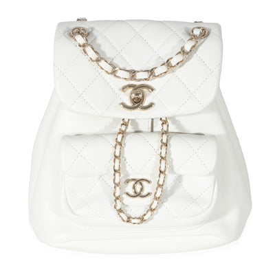 Chanel White Shiny Aged Quilted Lambskin Small Duma Drawstring Backpack