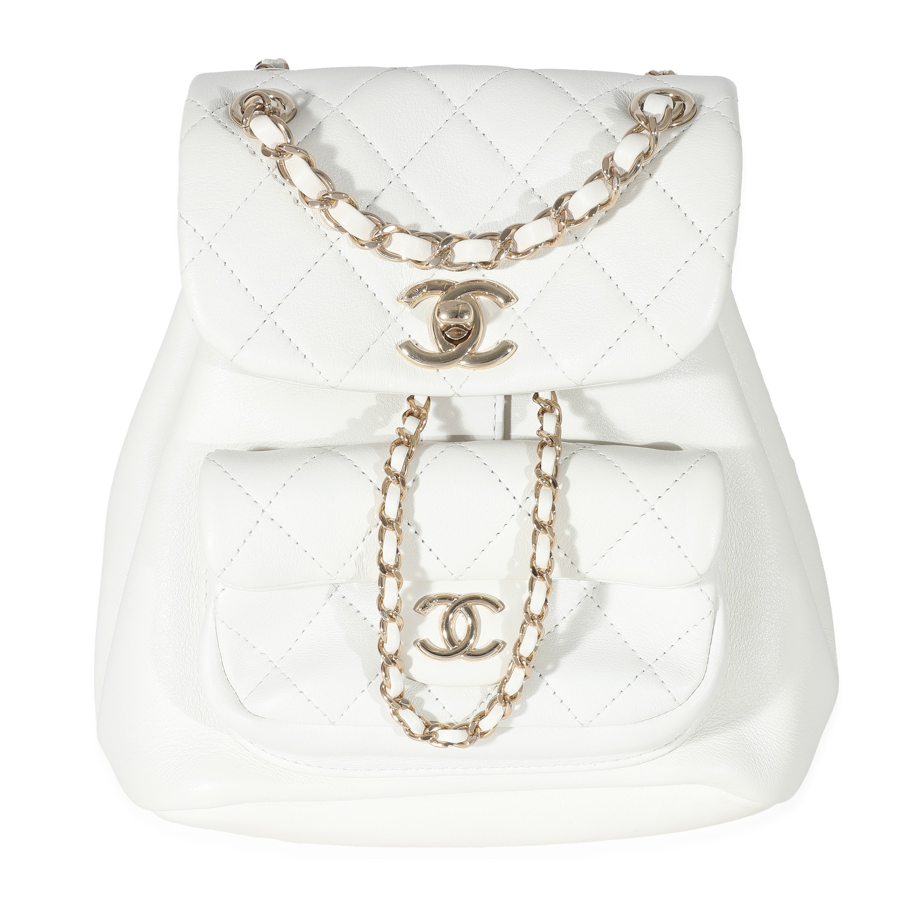 Chanel White Shiny Aged Quilted Lambskin Small Duma Drawstring Backpack, myGemma, IT