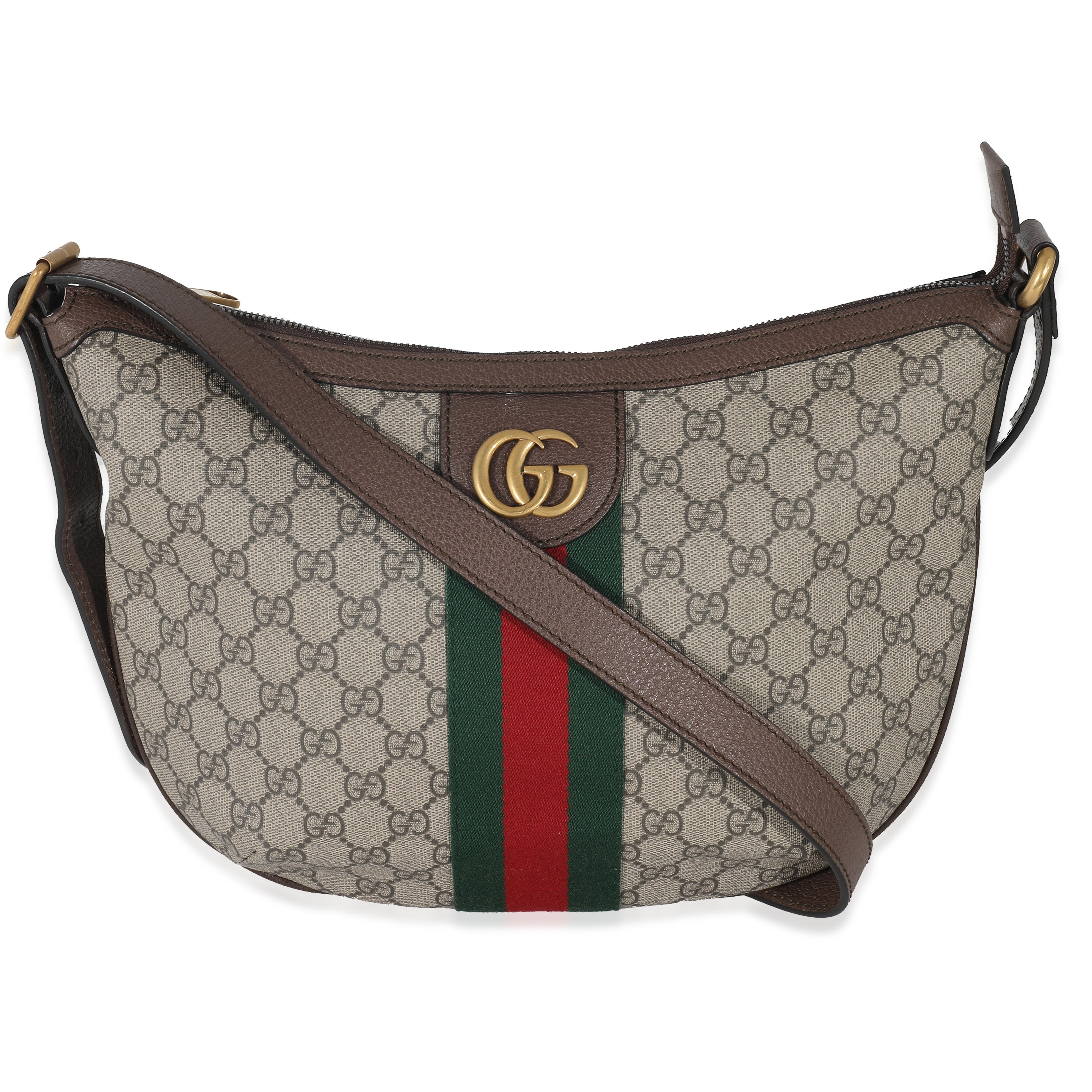 Gray Gucci Small GG Supreme Web Ophidia Half Moon Crossbody Bag