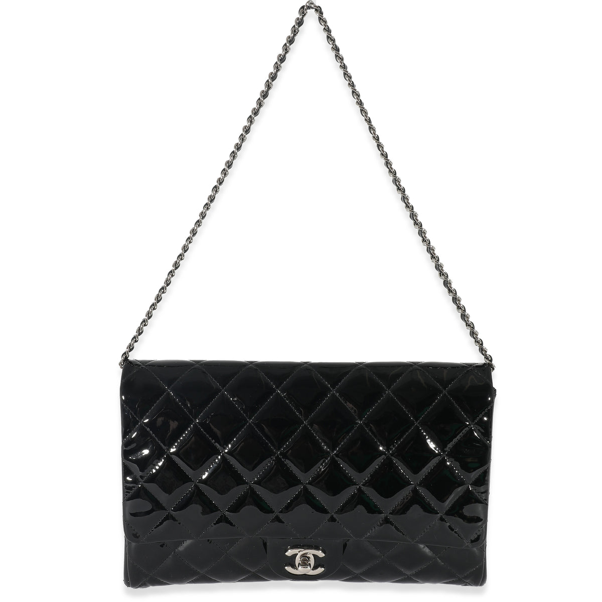 Chanel Black Quilted Patent Leather Clutch on Chain