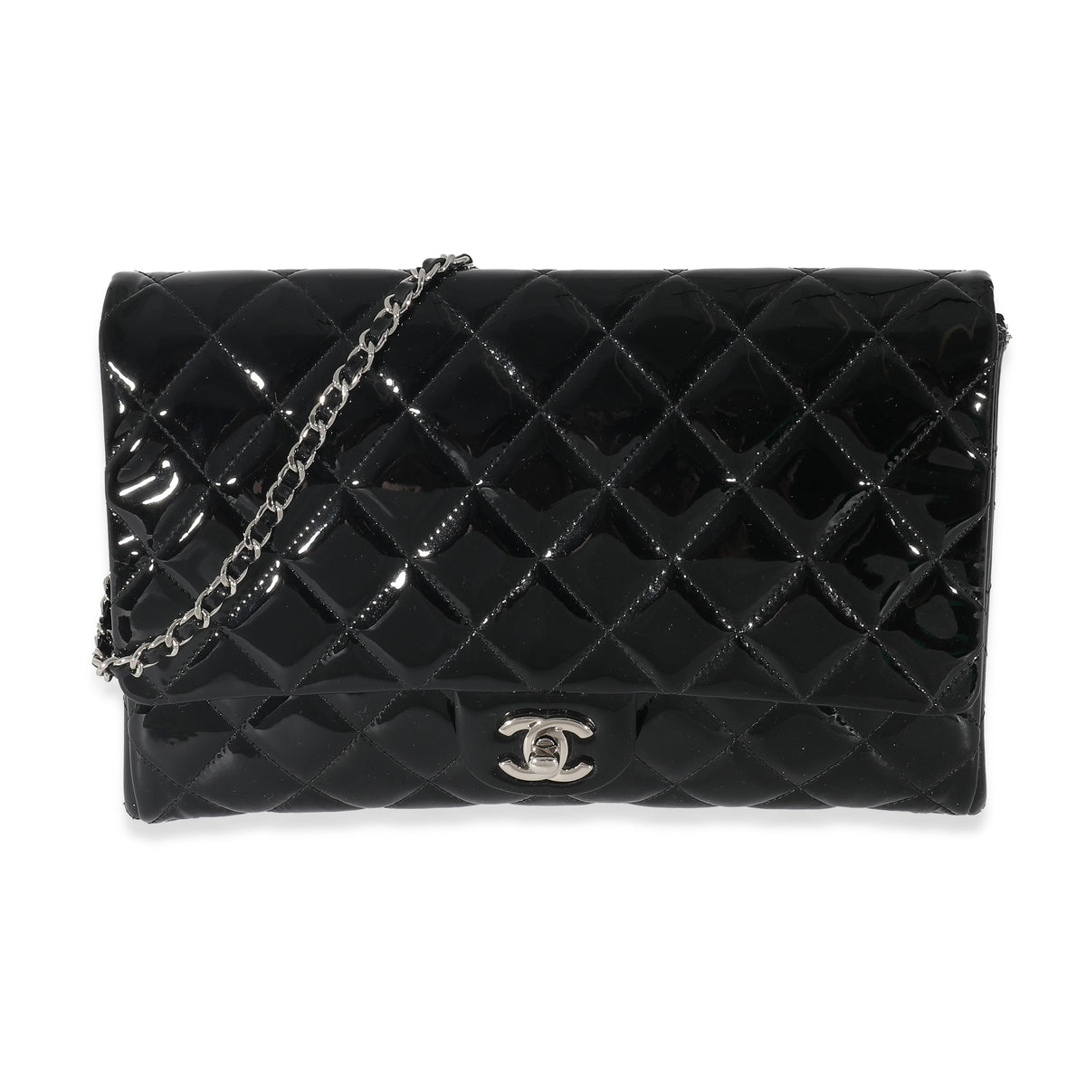 Chanel Black Quilted Patent Leather Clutch on Chain