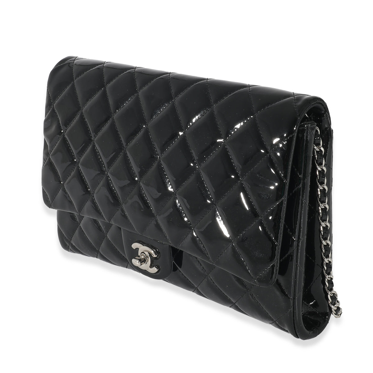 Chanel Black Quilted Patent Leather Clutch on Chain