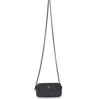 Chanel 17S Black Caviar Chevron Double Zip Chain Clutch