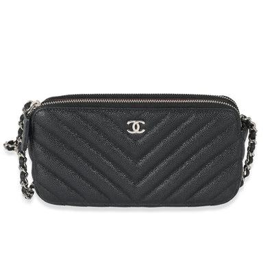 Chanel 17S Black Caviar Chevron Double Zip Chain Clutch