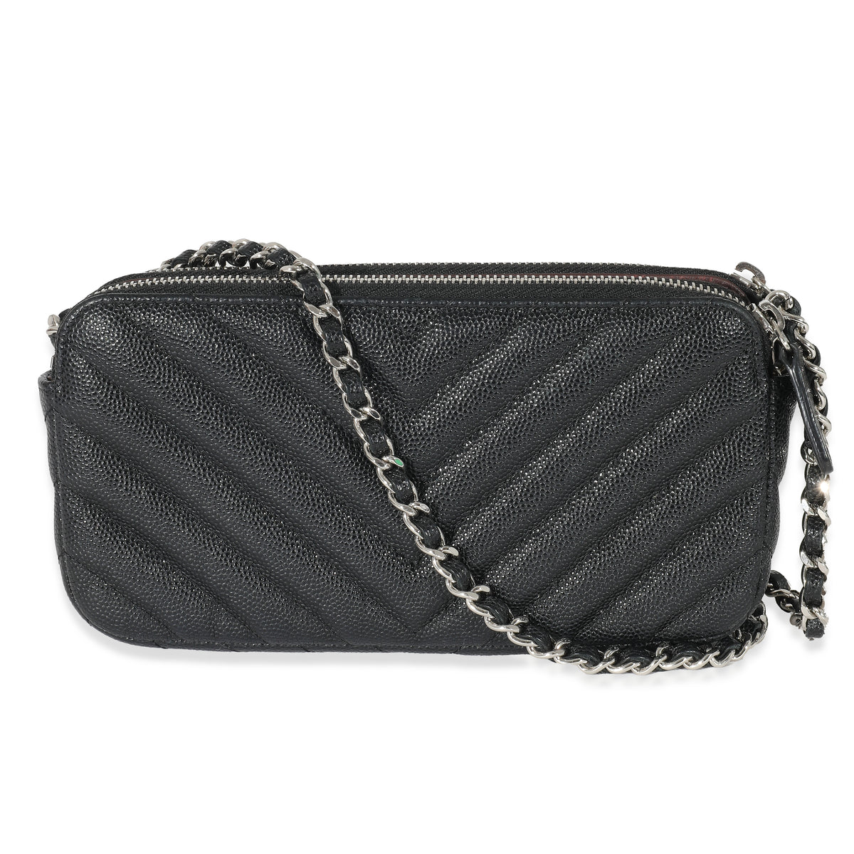 Chanel 17S Black Caviar Chevron Double Zip Chain Clutch