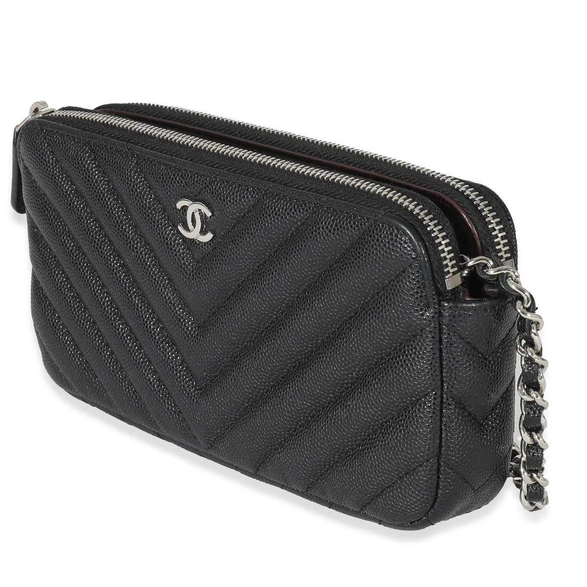 Chanel 17S Black Caviar Chevron Double Zip Chain Clutch | Mygemma | Fr |  Item #133052