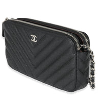 Chanel 17S Black Caviar Chevron Double Zip Chain Clutch