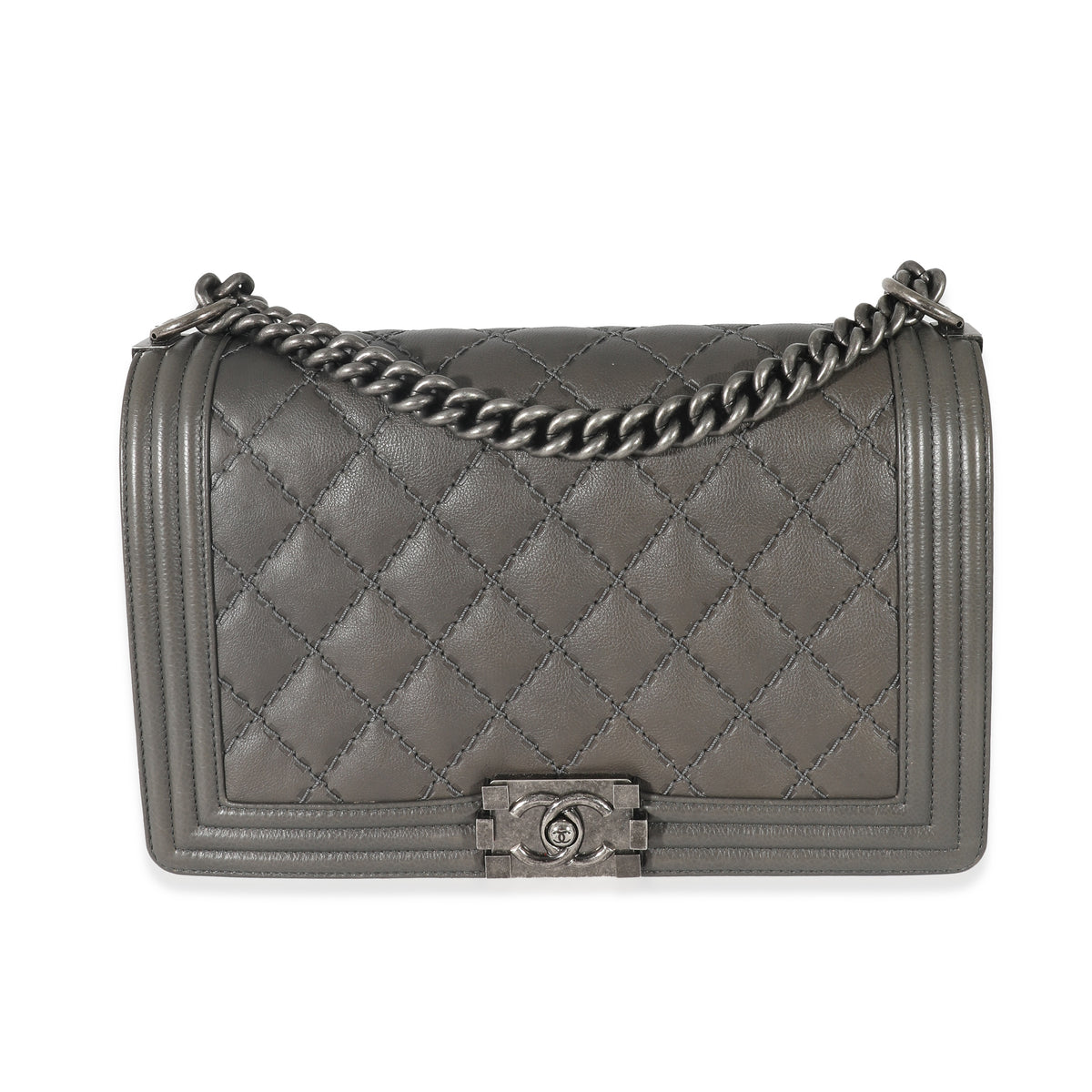 Chanel Grey Calfskin Whipstitch New Medium Boy Bag