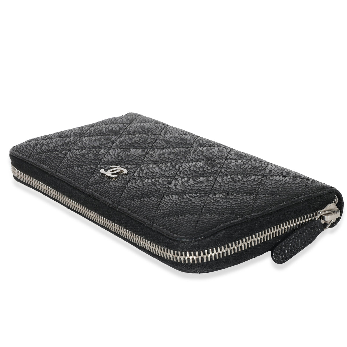 Chanel Zip Around Wallet Quilted Diamond Long Black in Caviar with