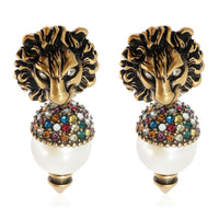 Gucci Lion Head Faux Pearl & Crystal Brass Tone Drop Earrings