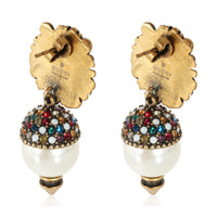 Gucci Lion Head Faux Pearl & Crystal Brass Tone Drop Earrings