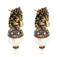 Gucci Lion Head Faux Pearl & Crystal Brass Tone Drop Earrings