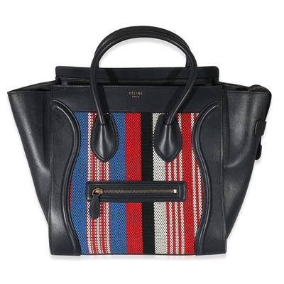 Celine Smooth Navy Calfskin Canvas Stripe Mini Luggage Tote