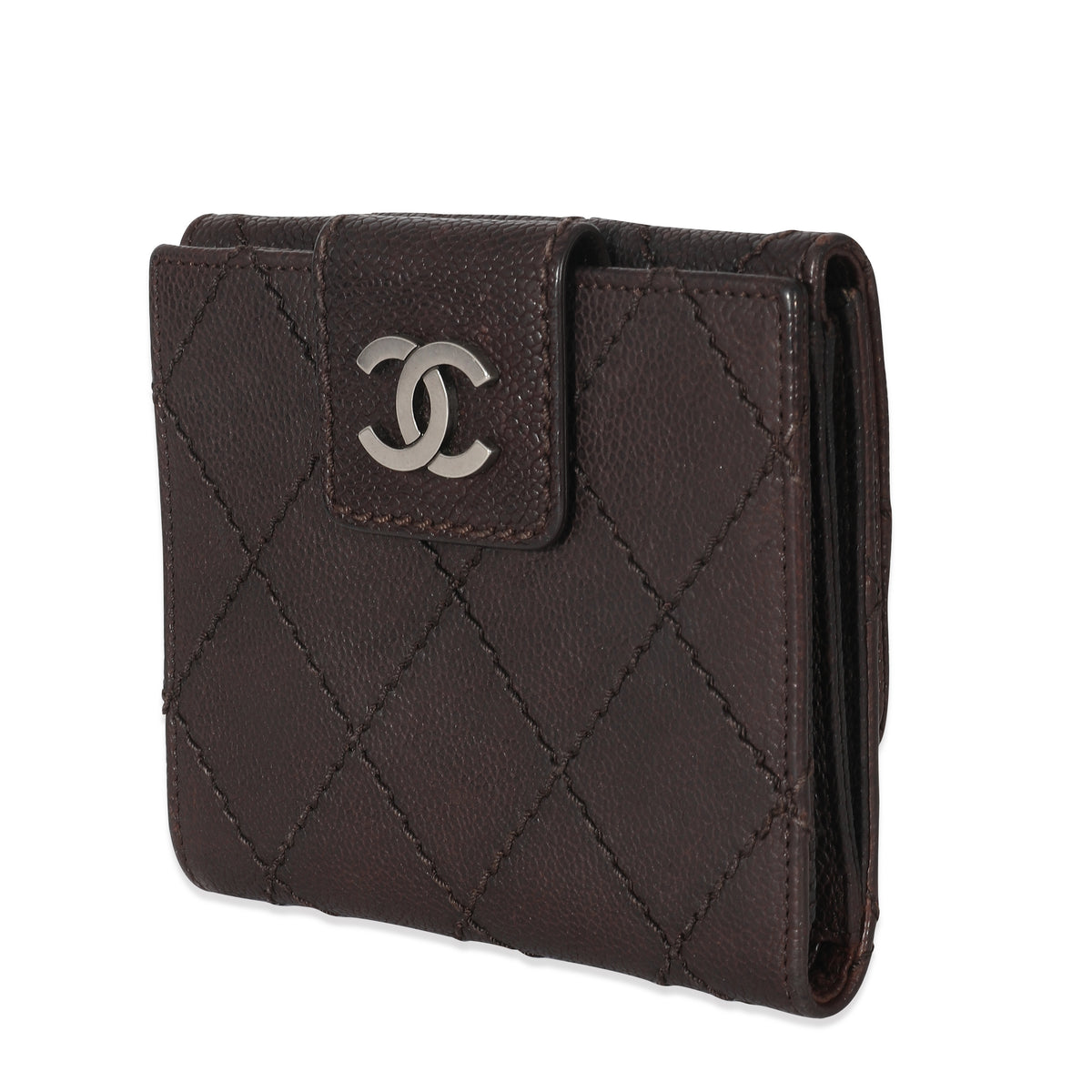 Chanel Brown Caviar Whipstitch Compact Wallet