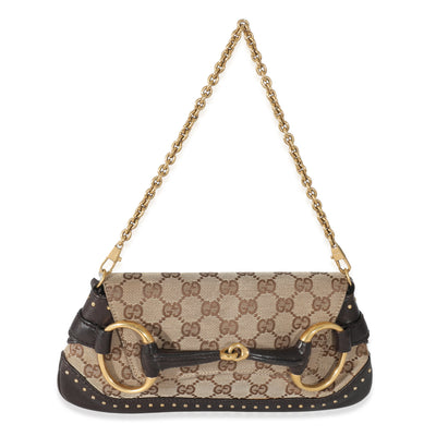 Gucci Beige Ebony GG Canvas Horsebit Chain Clutch Bag