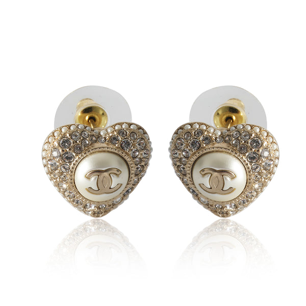 CHANEL Crystal CC Heart Stud Earrings Gold Black 1289915