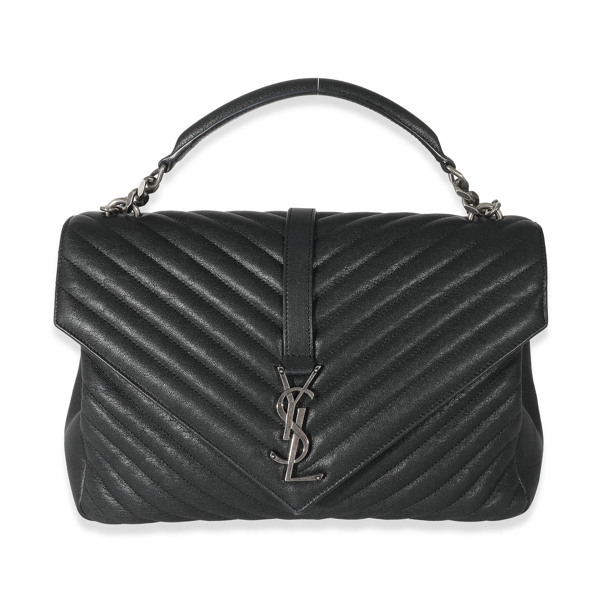 Saint Laurent Black Chevron Quilted Leather Monogram Large College Bag