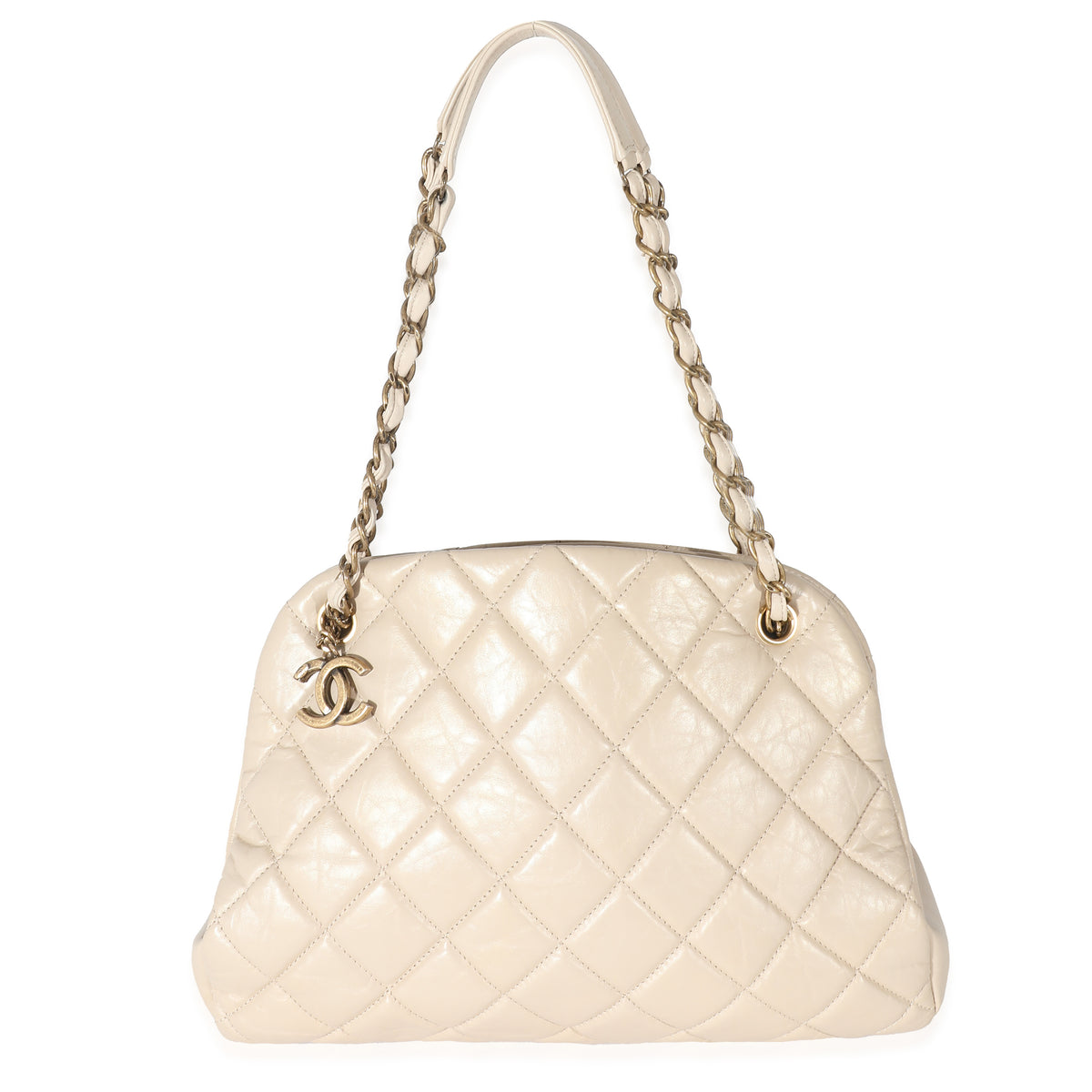 Chanel Beige Crinkled Leather Large Mademoiselle Just Bowling Bag