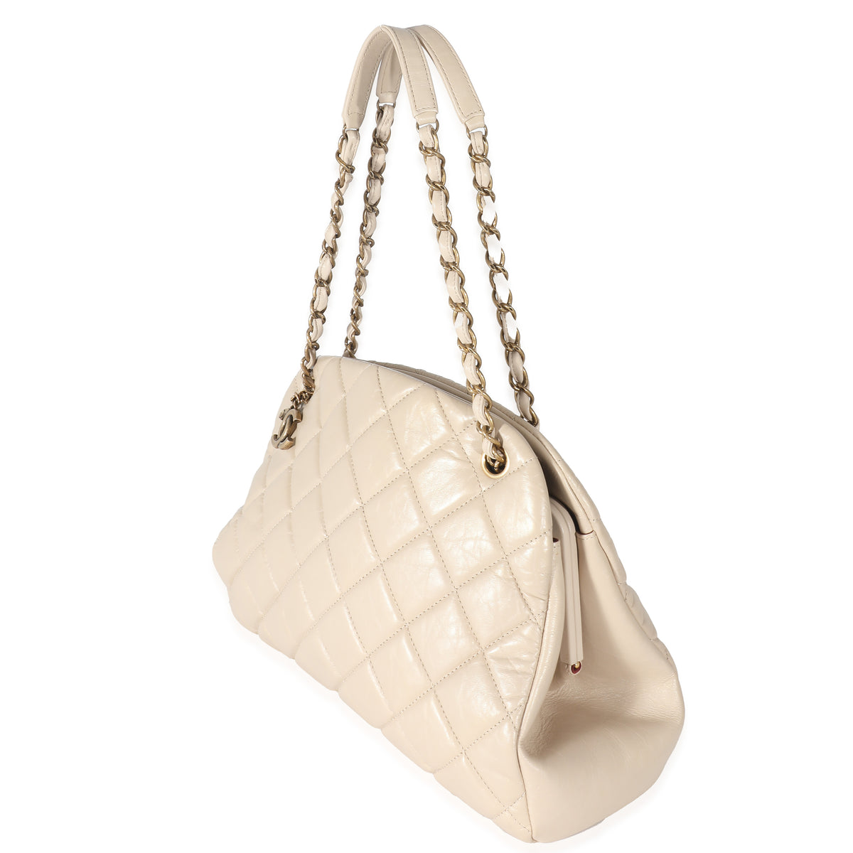 Chanel Beige Crinkled Leather Large Mademoiselle Just Bowling Bag