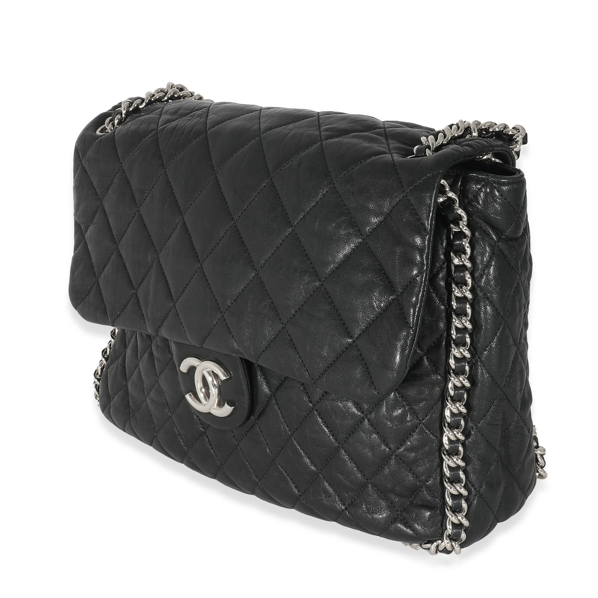 Chanel Black Washed Lambskin Chain Around Maxi Flap Bag