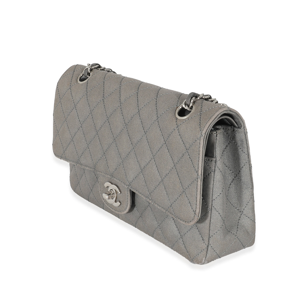 Chanel Grey Metallic Canvas Medium Classic Double Flap Bag