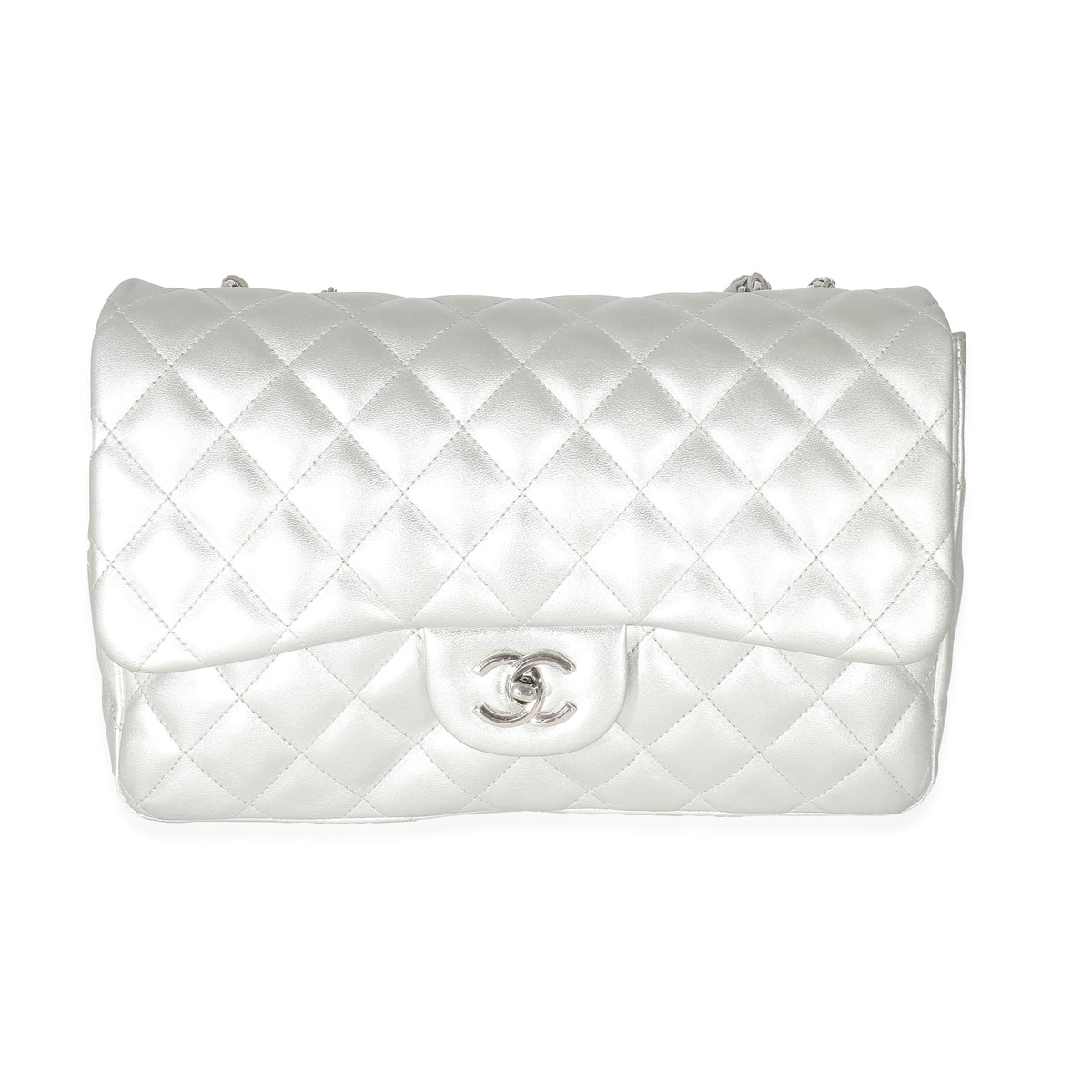 Chanel Silver Metallic Quilted Lambskin Jumbo Classic Double Flap Bag