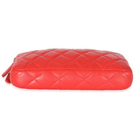 Chanel Red Lambskin Double Zip Clutch With Chain