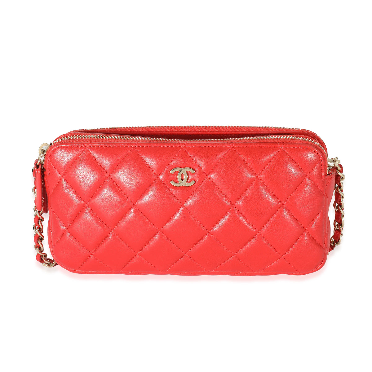 Chanel Red Lambskin Double Zip Clutch With Chain