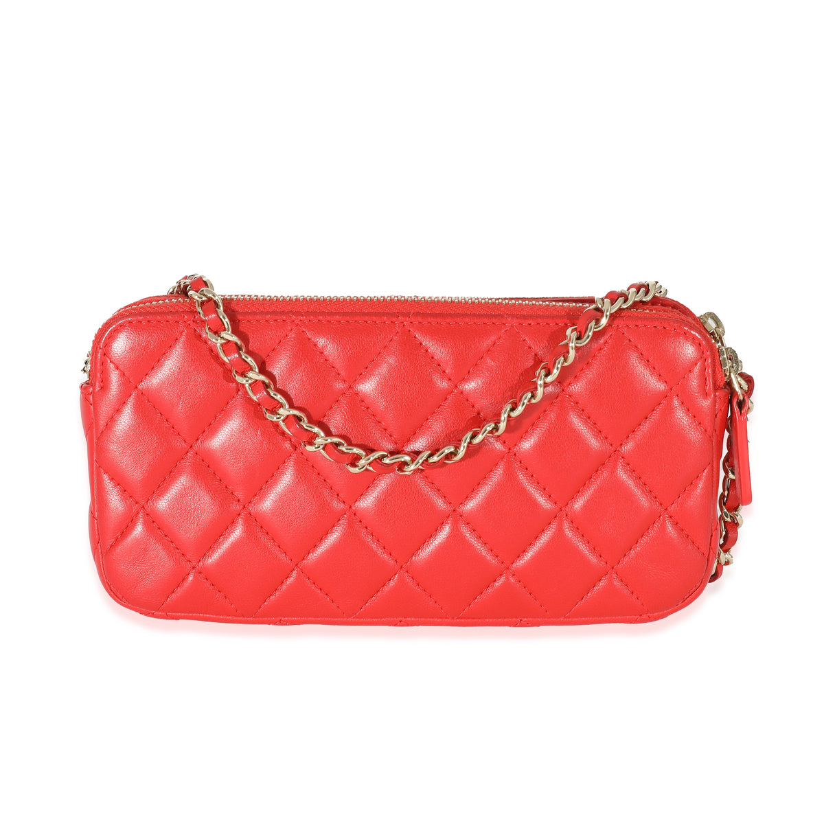 Chanel Red Lambskin Double Zip Clutch With Chain