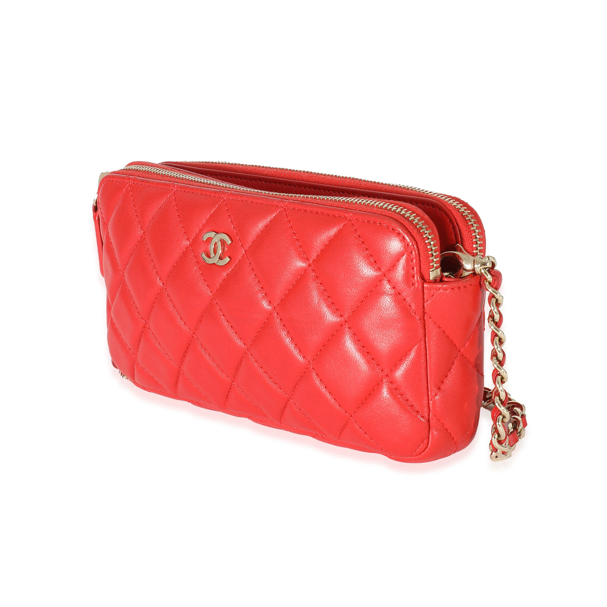 Chanel Red Lambskin Double Zip Clutch With Chain