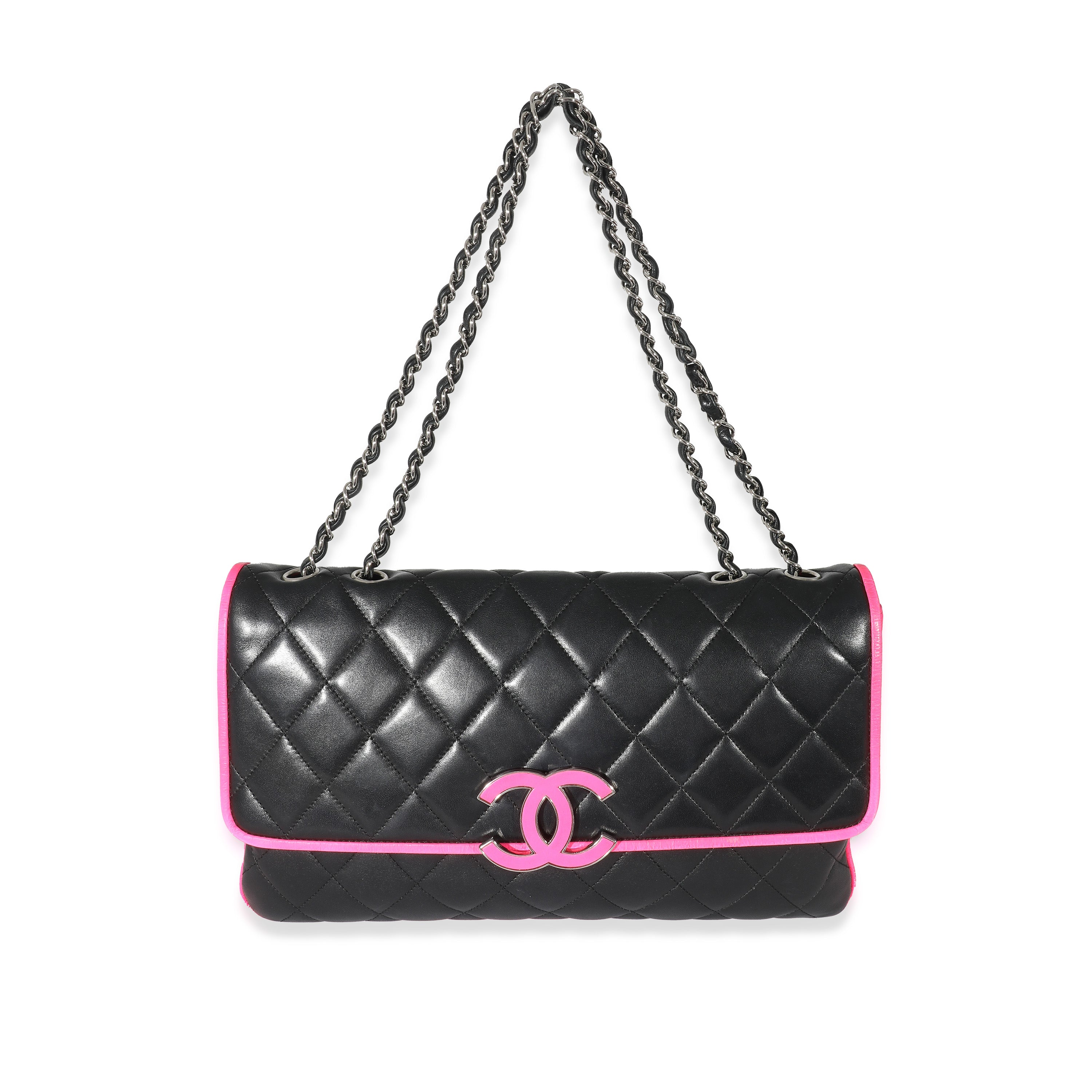 Chanel Black Pink Lambskin Enamel Large Maxi Divine Flap Bag