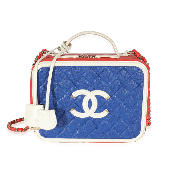 Chanel Red White Blue Quilted Caviar Large Filigree Vanity Case