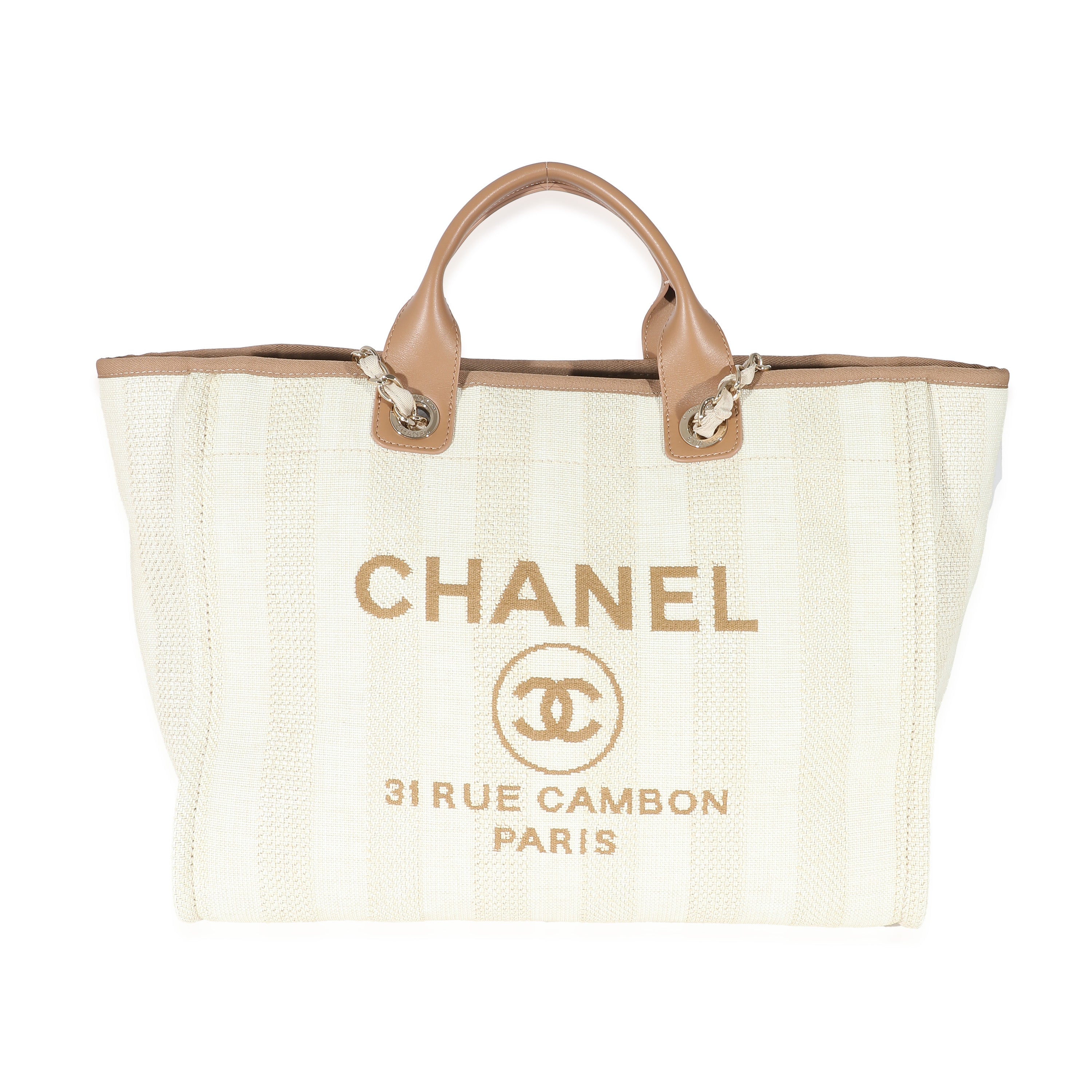 Chanel Beige Brown Mixed Fibers Stripe Large Deauville Tote