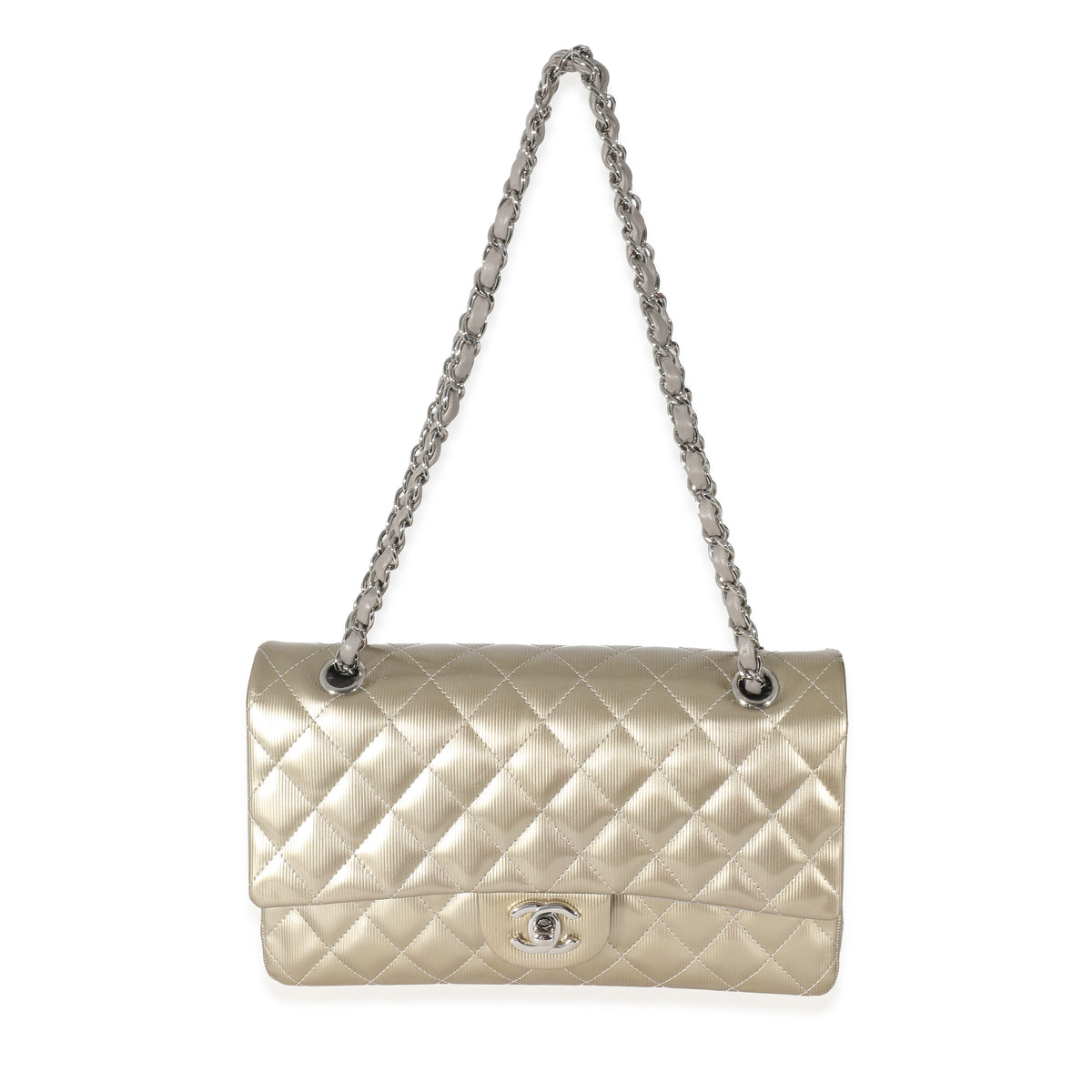 Chanel Gold Patent Striated Medium Classic Flap Bag