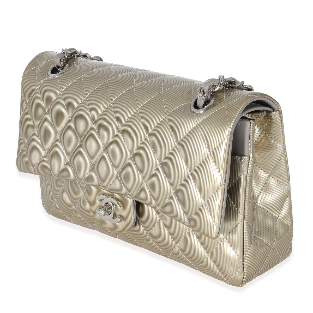 Chanel Gold Patent Striated Medium Classic Flap Bag