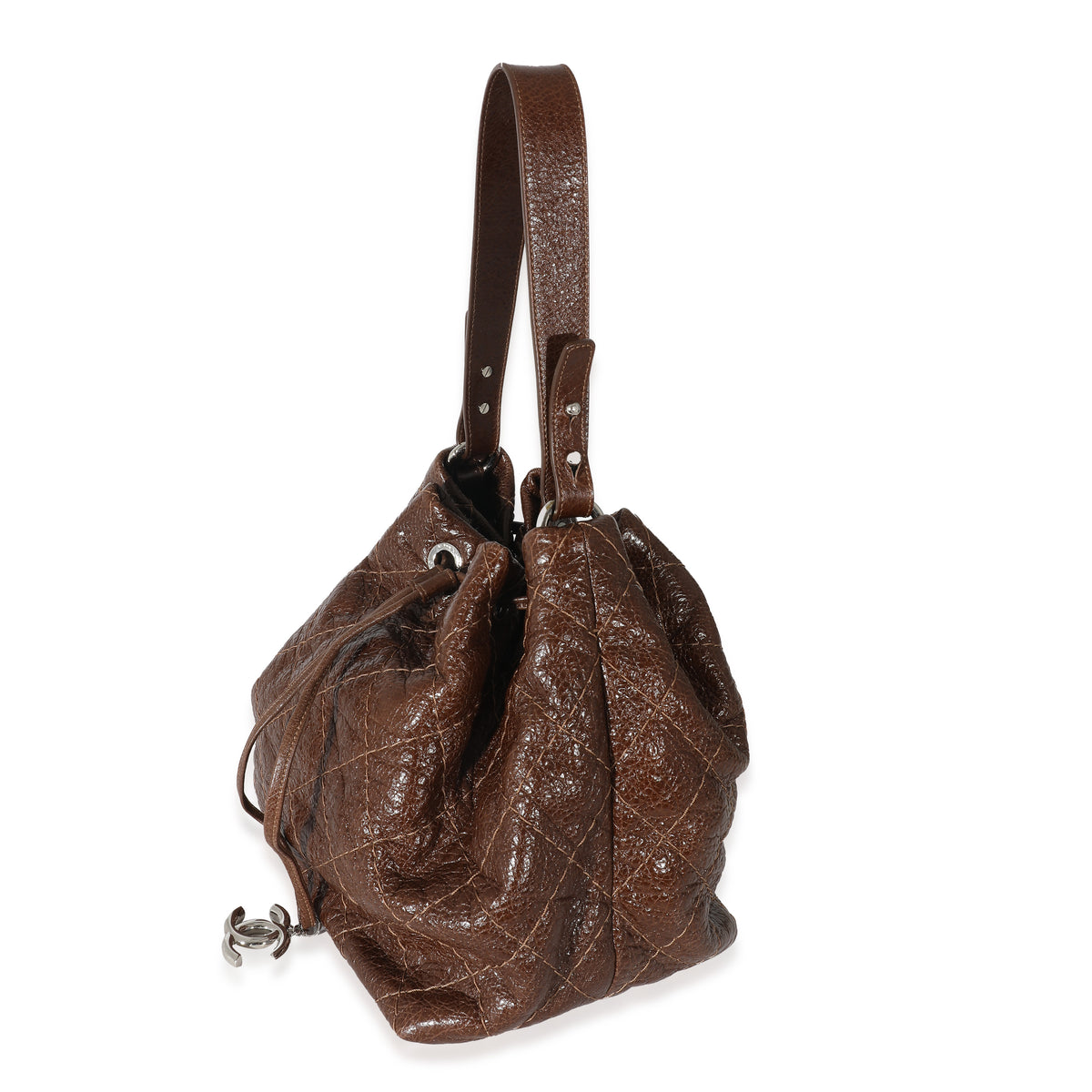 Chanel Brown Glazed Calfskin On The Road Drawstring Bucket Bag