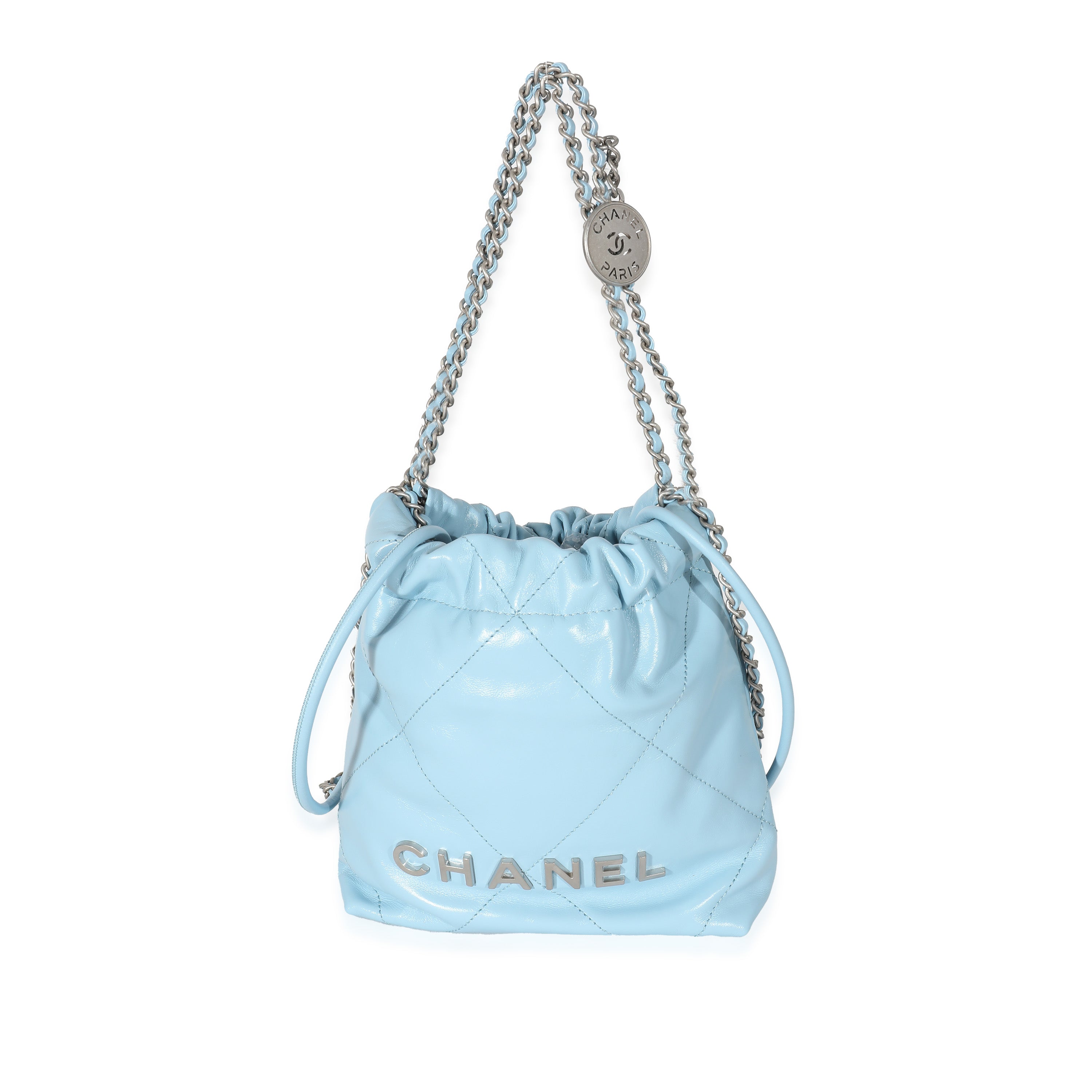 CHANEL Shiny Calfskin Quilted Mini Chanel 22 Light Blue 1271548