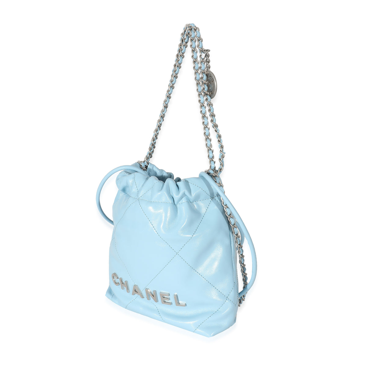 CHANEL Shiny Calfskin Quilted Mini Chanel 22 Light Blue 1271548