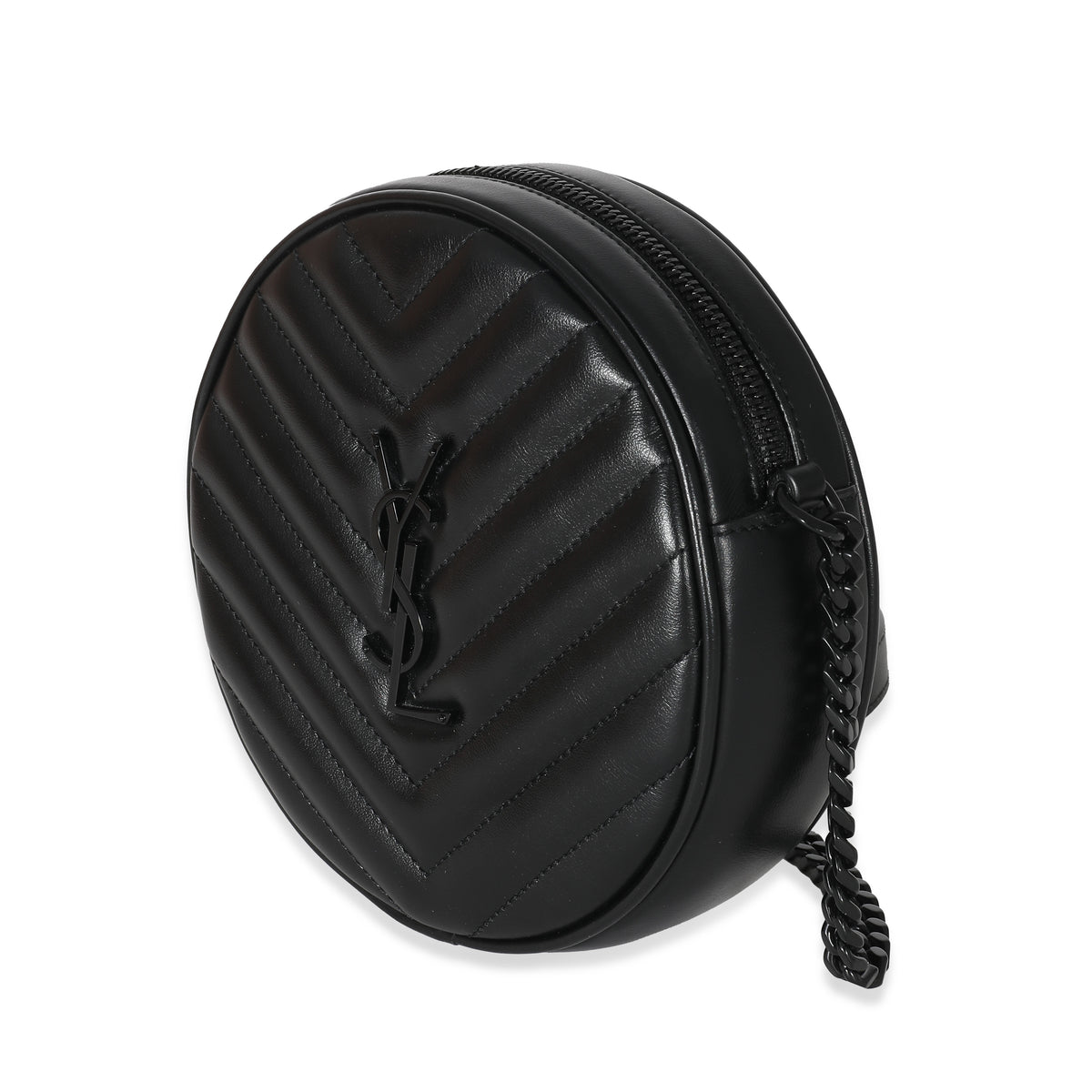 Saint Laurent Black Chevron Calfskin Quilted Leather Vinyle Round Camera Bag