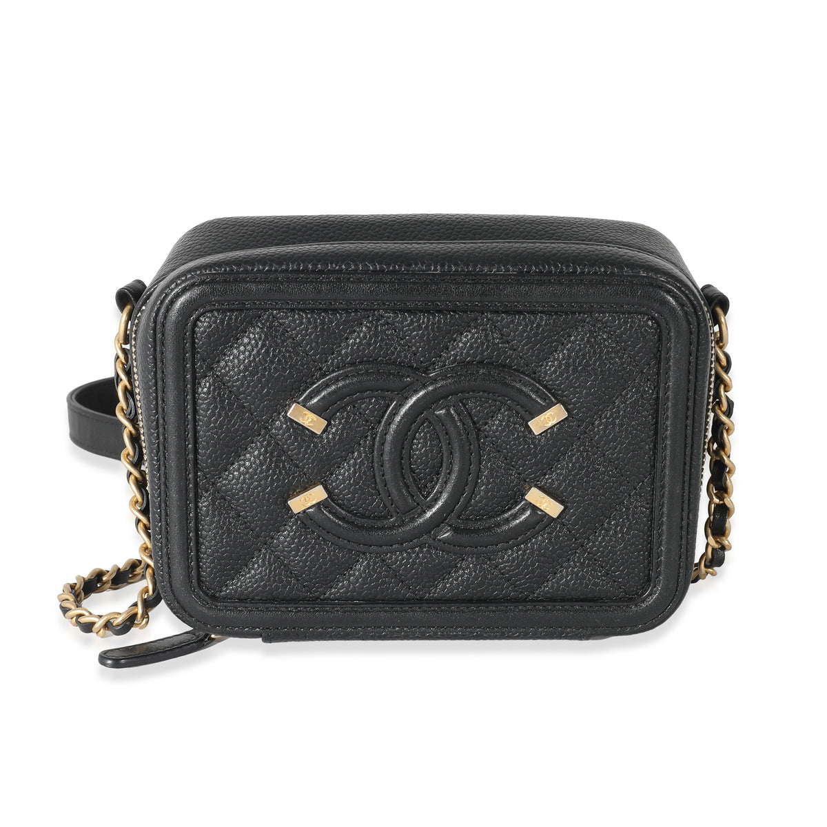 Chanel Black Quilted Caviar CC Filigree Vanity Clutch With Chain
