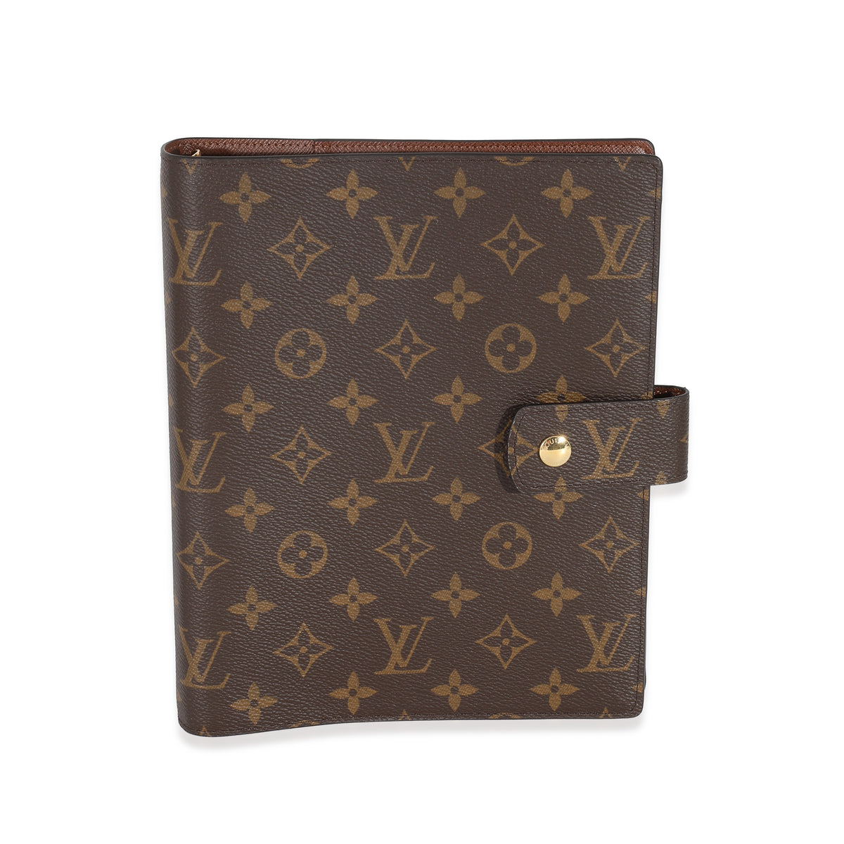 A BROWN MONOGRAM CANVAS RING AGENDA COVER WITH GOLD HARDWARE