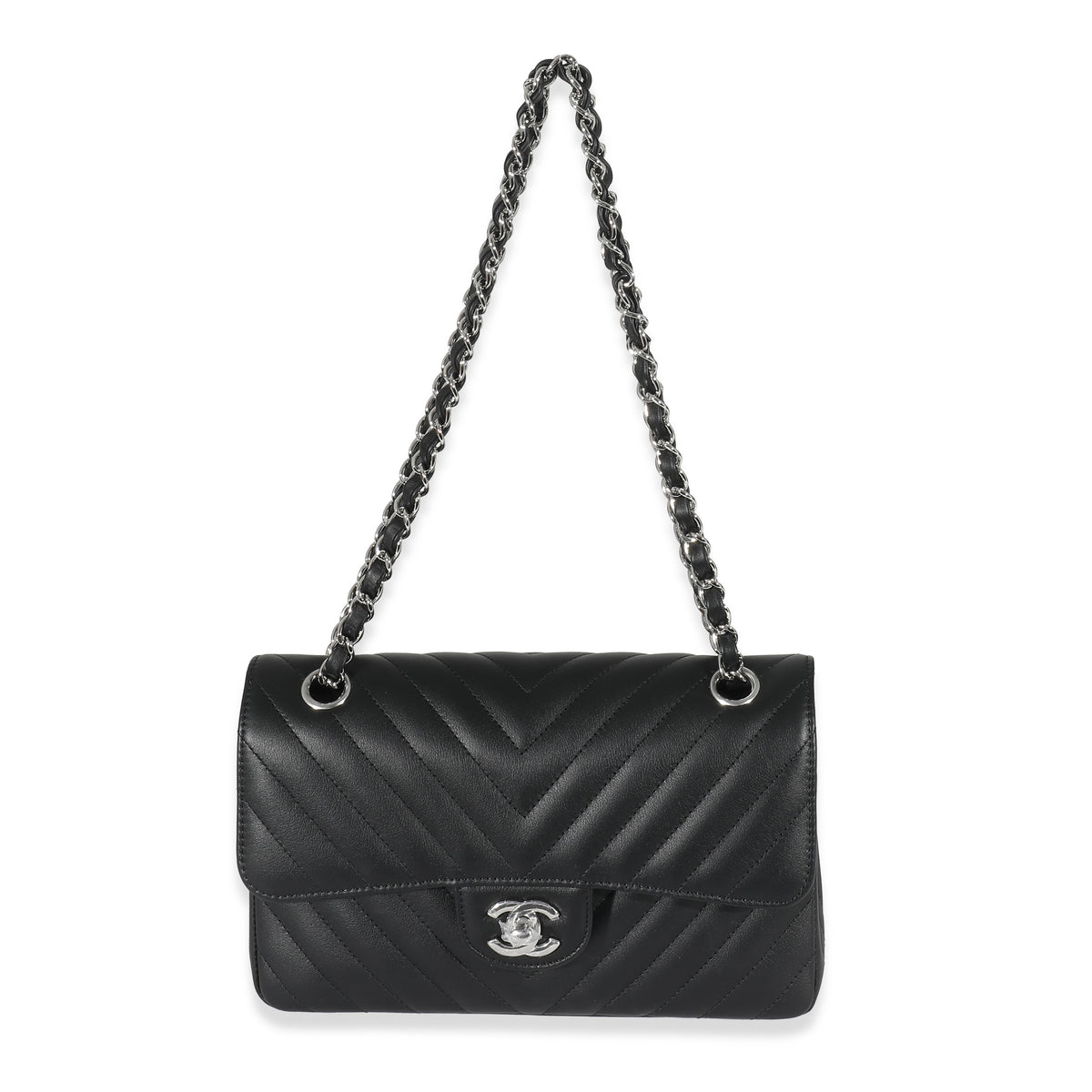 Chanel 22C Black Chevron Calfskin Small Classic Double Flap Bag