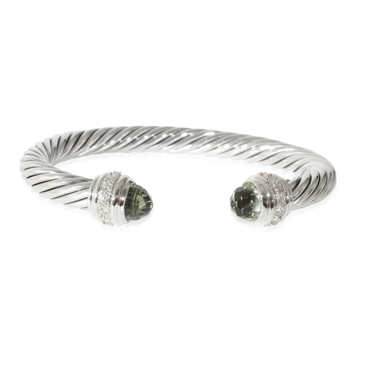 David Yurman Prasiolite Diamond 7mm Cable Bracelet in Sterling Silver 0.41 CTW