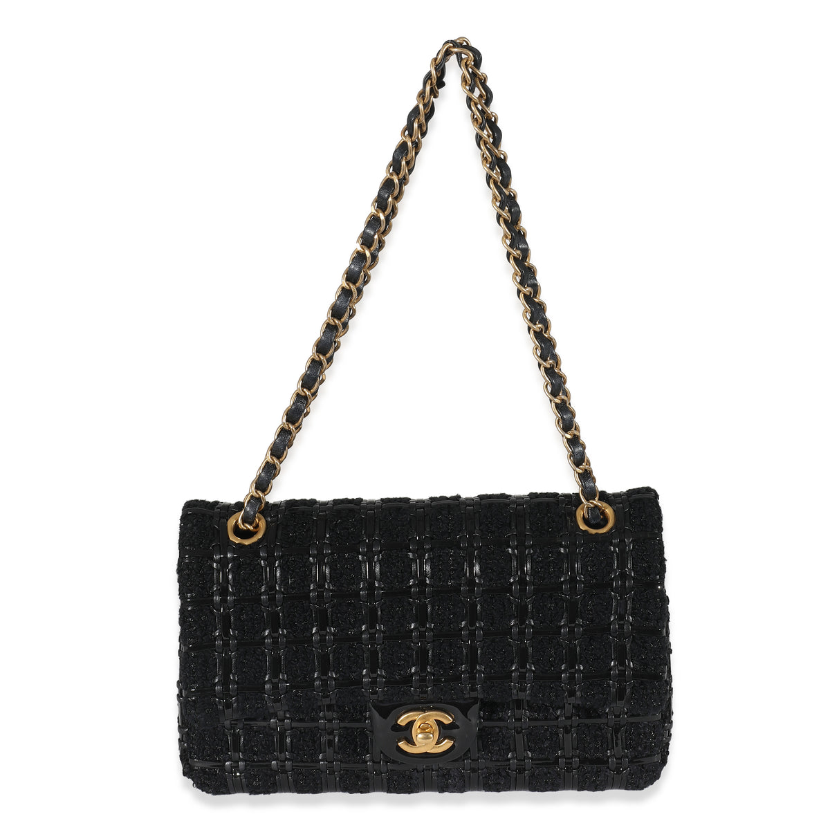 Chanel Black Tweed Woven Leather Medium Classic Double Flap Bag