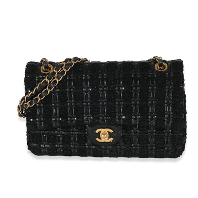 Chanel Black Tweed Woven Leather Medium Classic Double Flap Bag