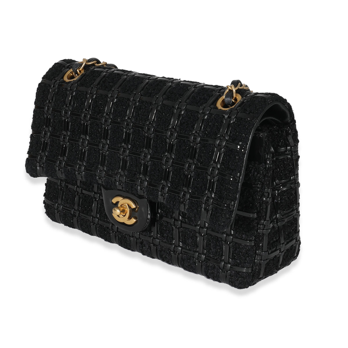 Chanel Black Tweed Woven Leather Medium Classic Double Flap Bag
