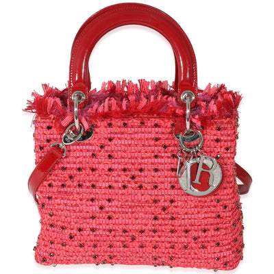 Christian Dior Pink Red Tweed Fringe Medium Lady Dior