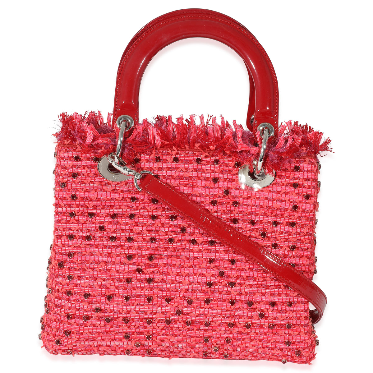 Christian Dior Pink Red Tweed Fringe Medium Lady Dior