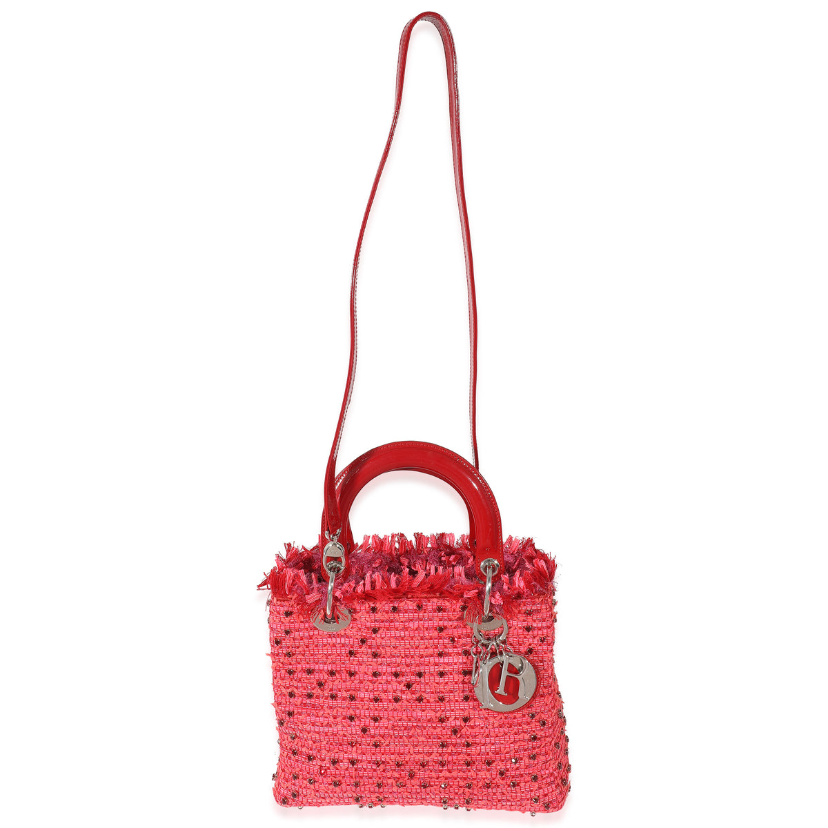 Christian Dior Pink Red Tweed Fringe Medium Lady Dior